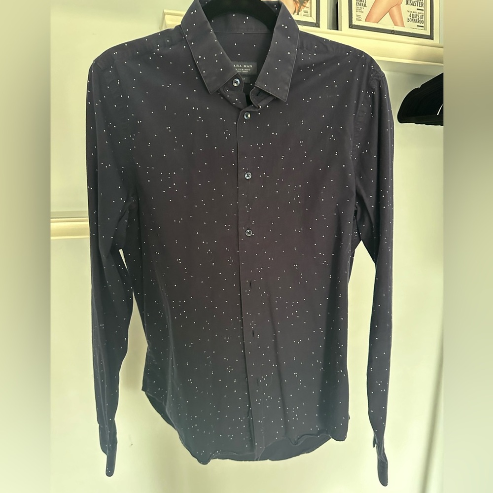 Zara men’s navy button down with dot pattern sz M